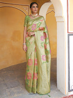Thumbnail for Janasya Light Green Chanderi Silk Ethnic Motifs Woven Design Saree - Distacart