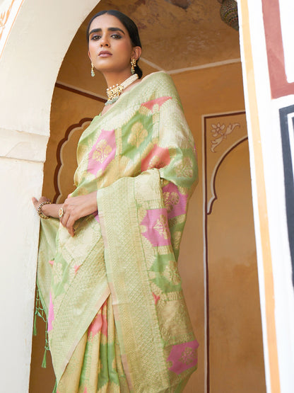 Janasya Light Green Chanderi Silk Ethnic Motifs Woven Design Saree - Distacart