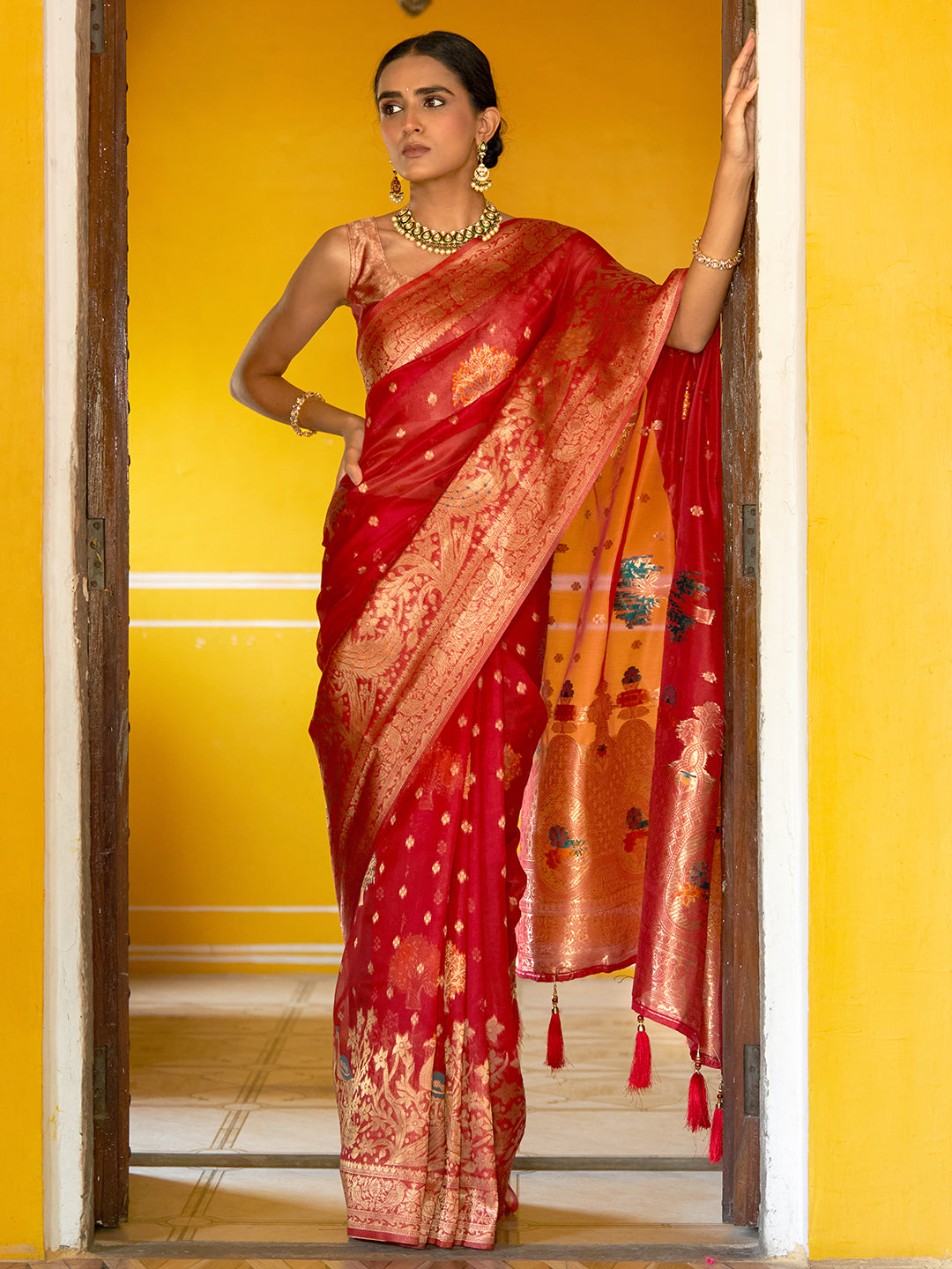 Janasya Red Organza Woven Leheriya Kanjeevaram Saree - Distacart