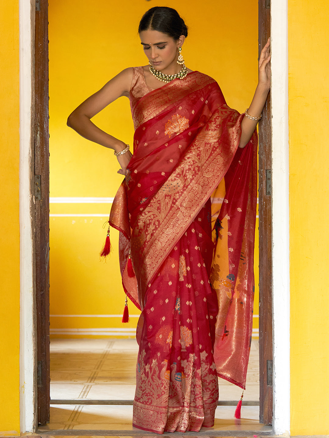 Janasya Red Organza Woven Leheriya Kanjeevaram Saree - Distacart