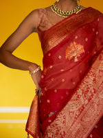 Thumbnail for Janasya Red Organza Woven Leheriya Kanjeevaram Saree - Distacart