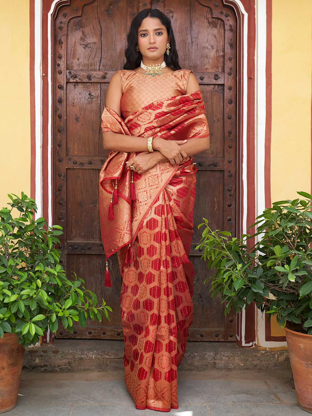 Janasya Red Organza Woven Ethnic Motifs Kanjeevaram Saree - Distacart
