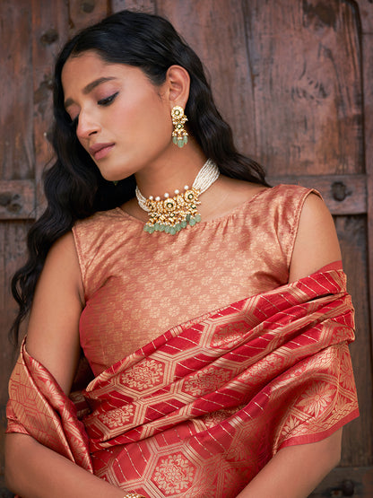 Janasya Red Organza Woven Ethnic Motifs Kanjeevaram Saree - Distacart