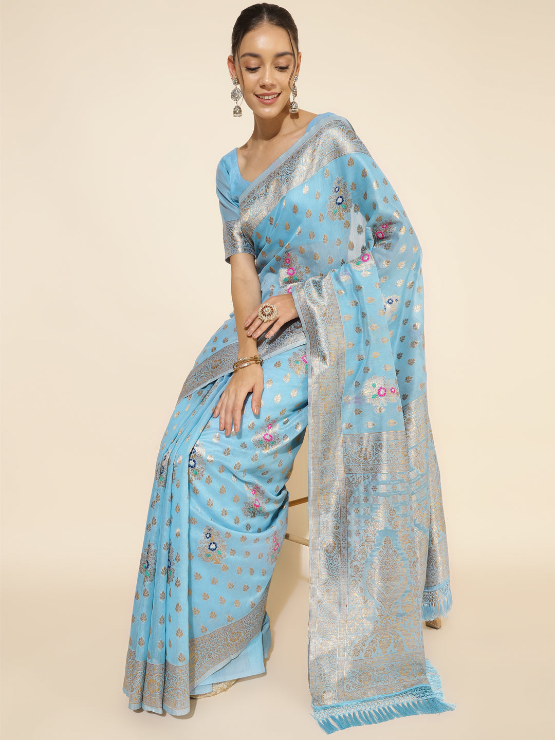 Janasya Sky Blue Chanderi Silk Ethnic Motifs Woven Design Saree - Distacart
