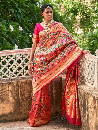 Janasya Pink Paithani Silk Woven Bagh Design Paithani Silk Saree - Distacart
