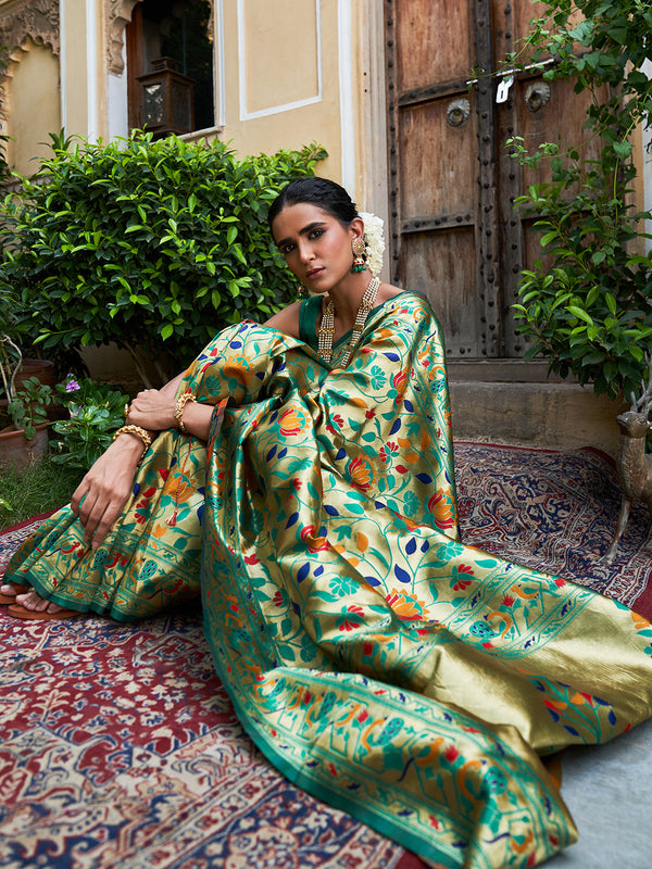 Janasya Green Paithani Silk Woven Bagh Design Paithani Silk Saree - Distacart