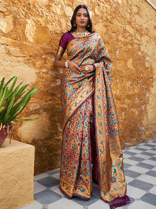Janasya Wine Paithani Silk Woven Bagh Design Paithani Silk Saree - Distacart