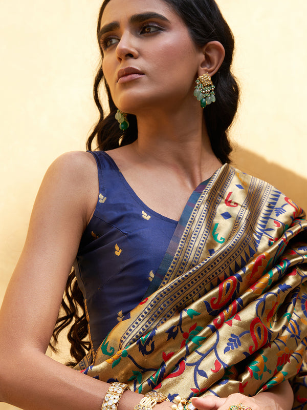Janasya Golden Paithani Silk Woven Floral Design Paithani Silk Saree - Distacart
