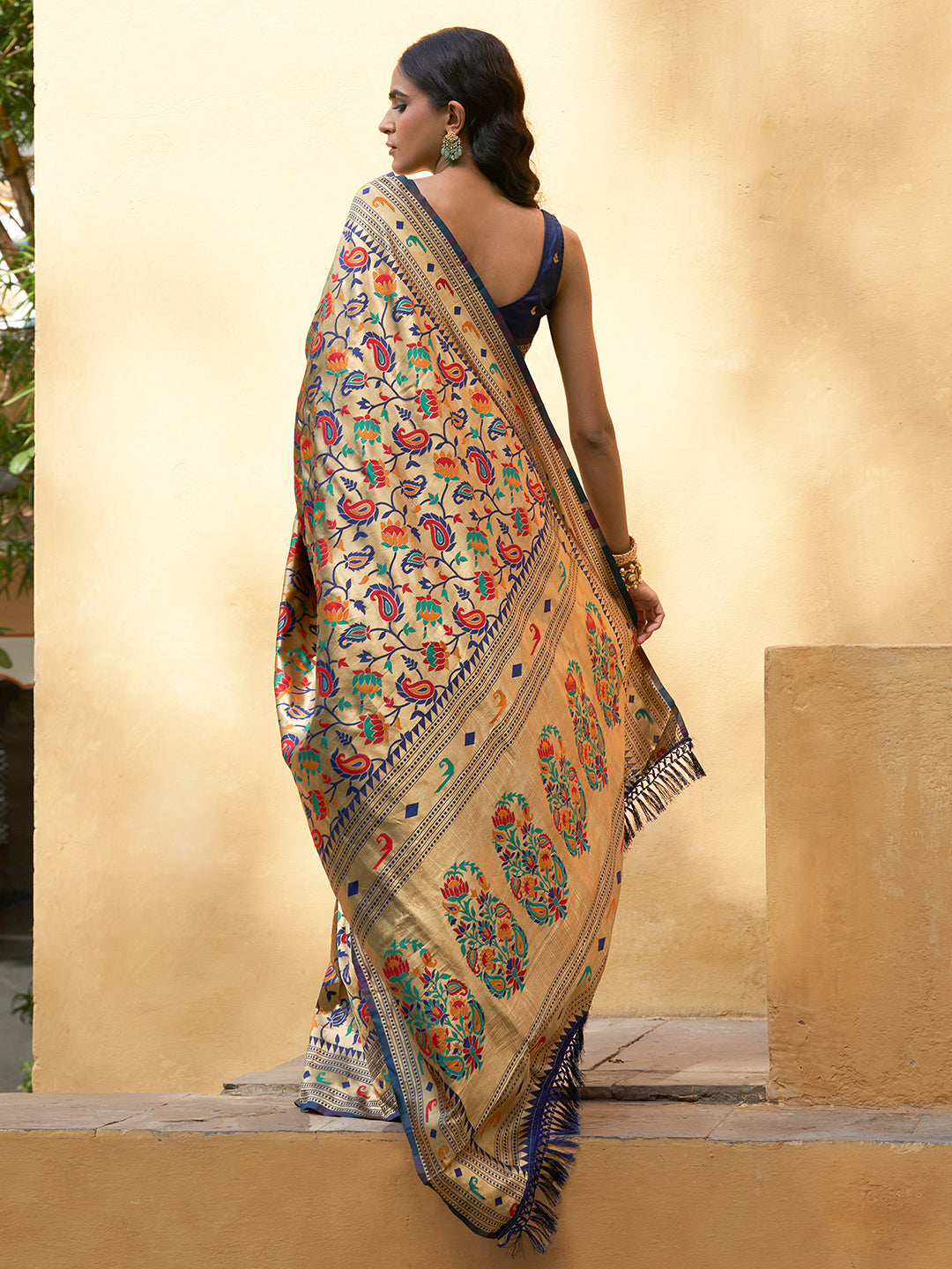 Janasya Golden Paithani Silk Woven Floral Design Paithani Silk Saree - Distacart