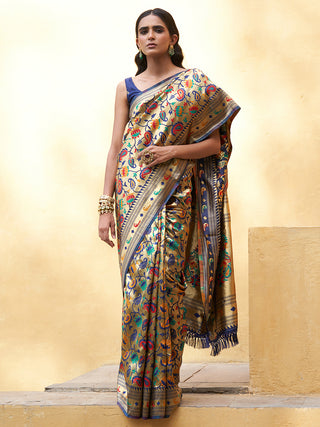 Janasya Golden Paithani Silk Woven Floral Design Paithani Silk Saree - Distacart