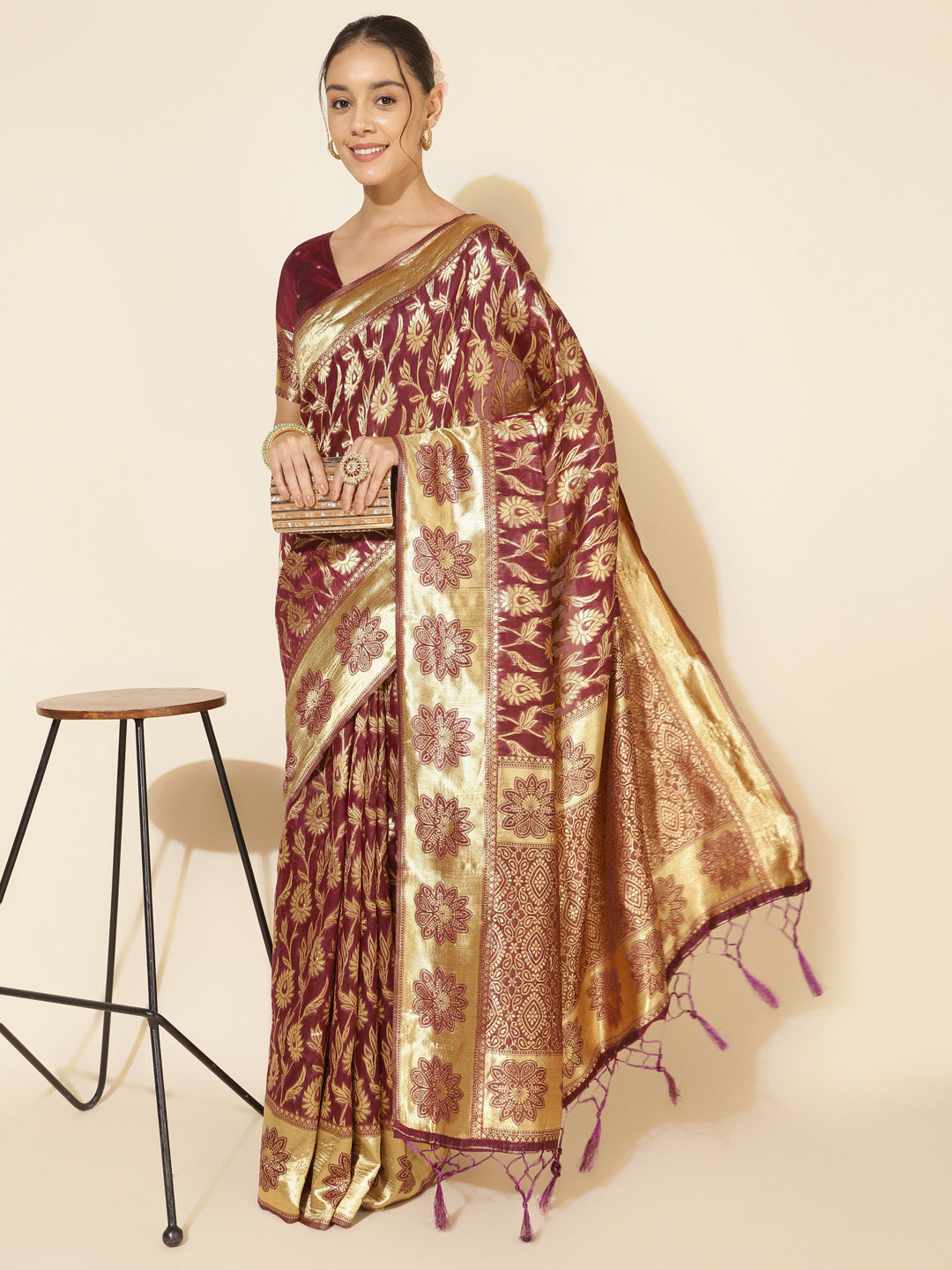 Janasya Wine Chanderi Silk Woven Paisley Chanderi Silk Saree - Distacart