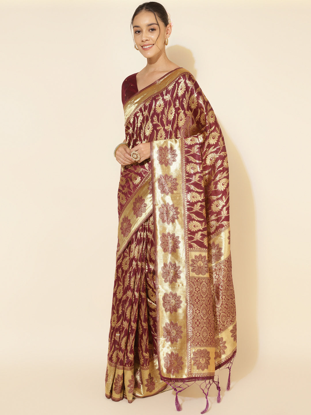 Janasya Wine Chanderi Silk Woven Paisley Chanderi Silk Saree - Distacart