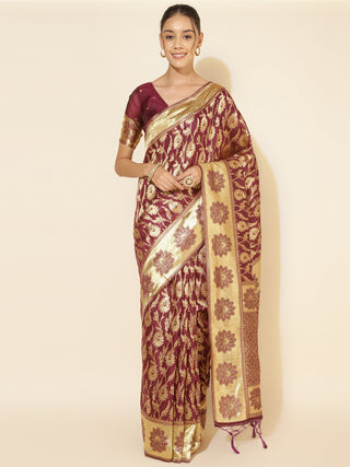 Janasya Wine Chanderi Silk Woven Paisley Chanderi Silk Saree - Distacart