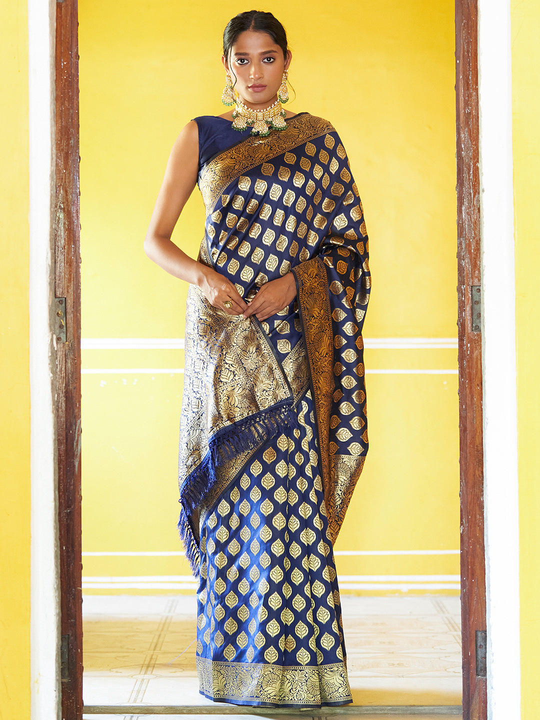 Janasya Navy Blue Banarasi Silk Woven Ethnic Motifs Banarasi Silk Saree - Distacart