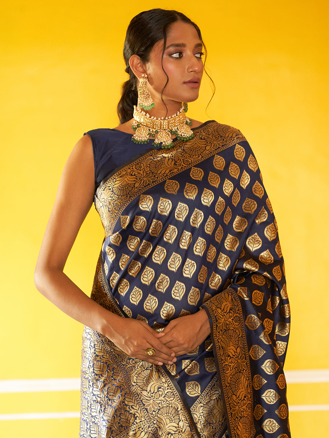 Janasya Navy Blue Banarasi Silk Woven Ethnic Motifs Banarasi Silk Saree - Distacart