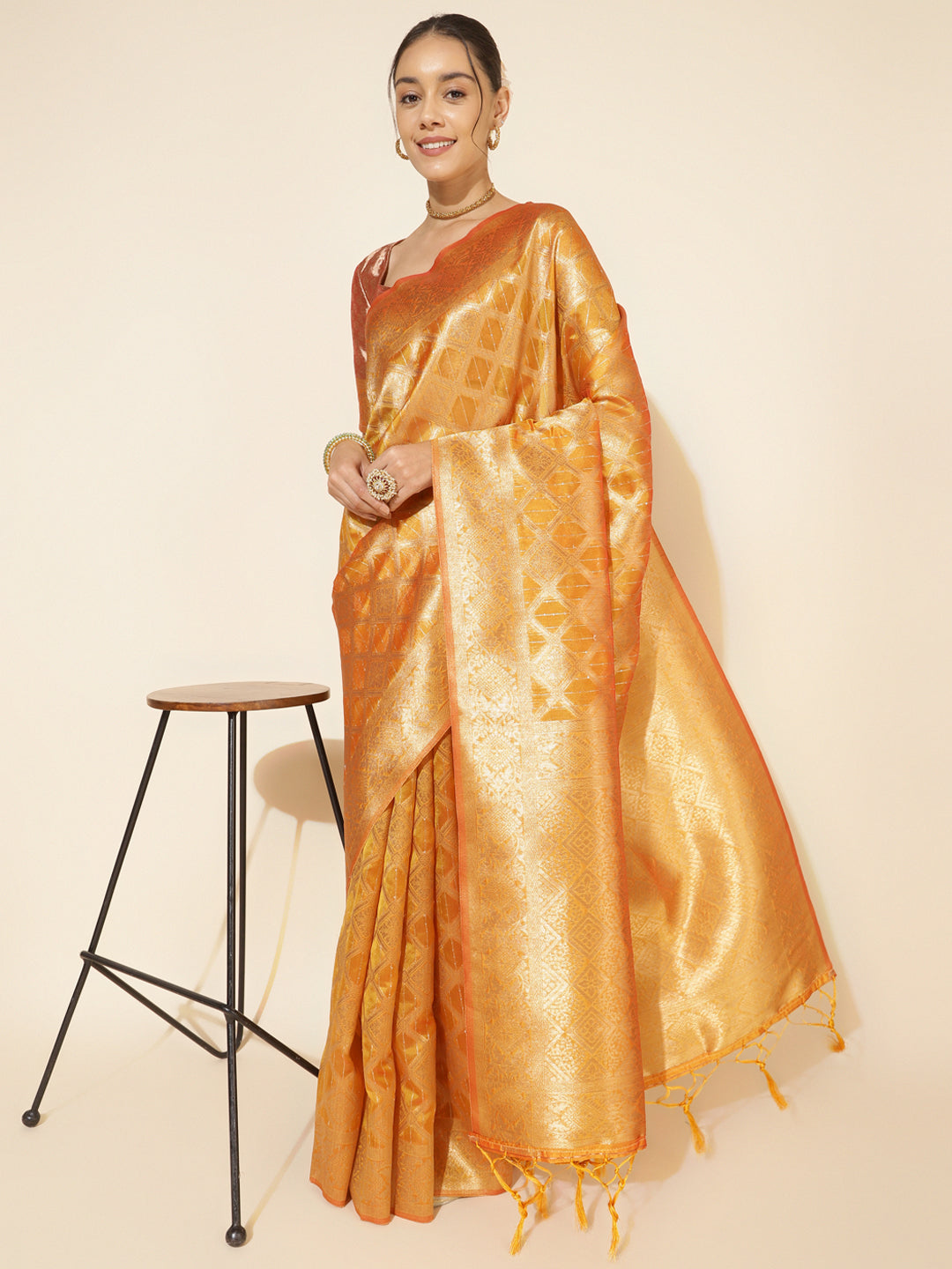 Janasya Yellow Organza Woven Ethnic Motifs Kanjeevaram Saree - Distacart