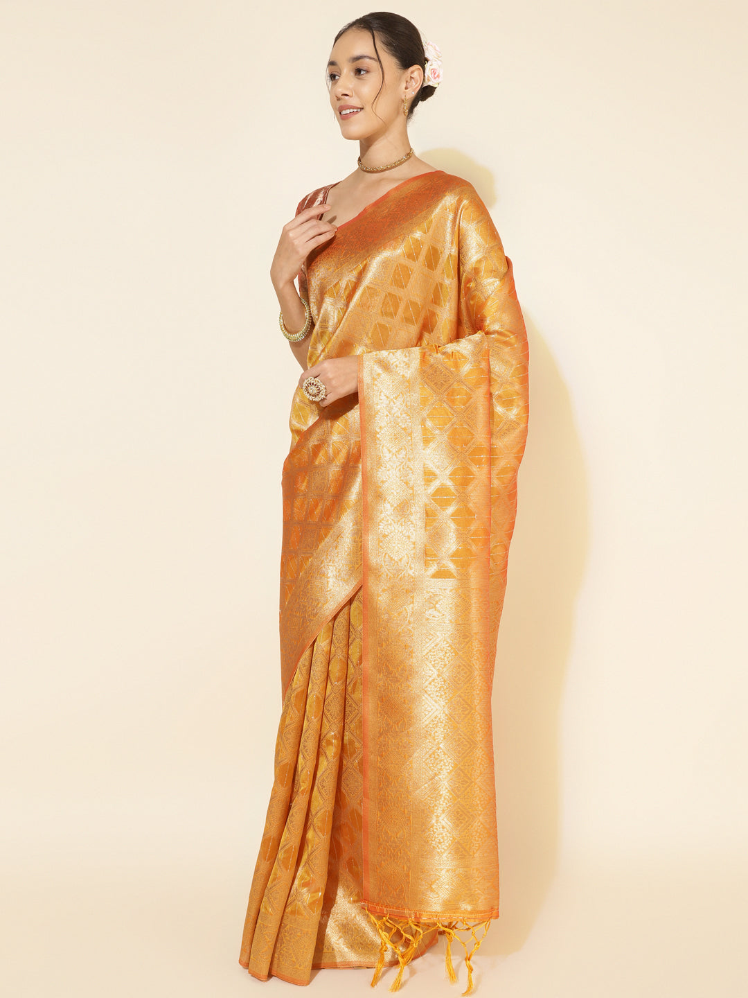 Janasya Yellow Organza Woven Ethnic Motifs Kanjeevaram Saree - Distacart