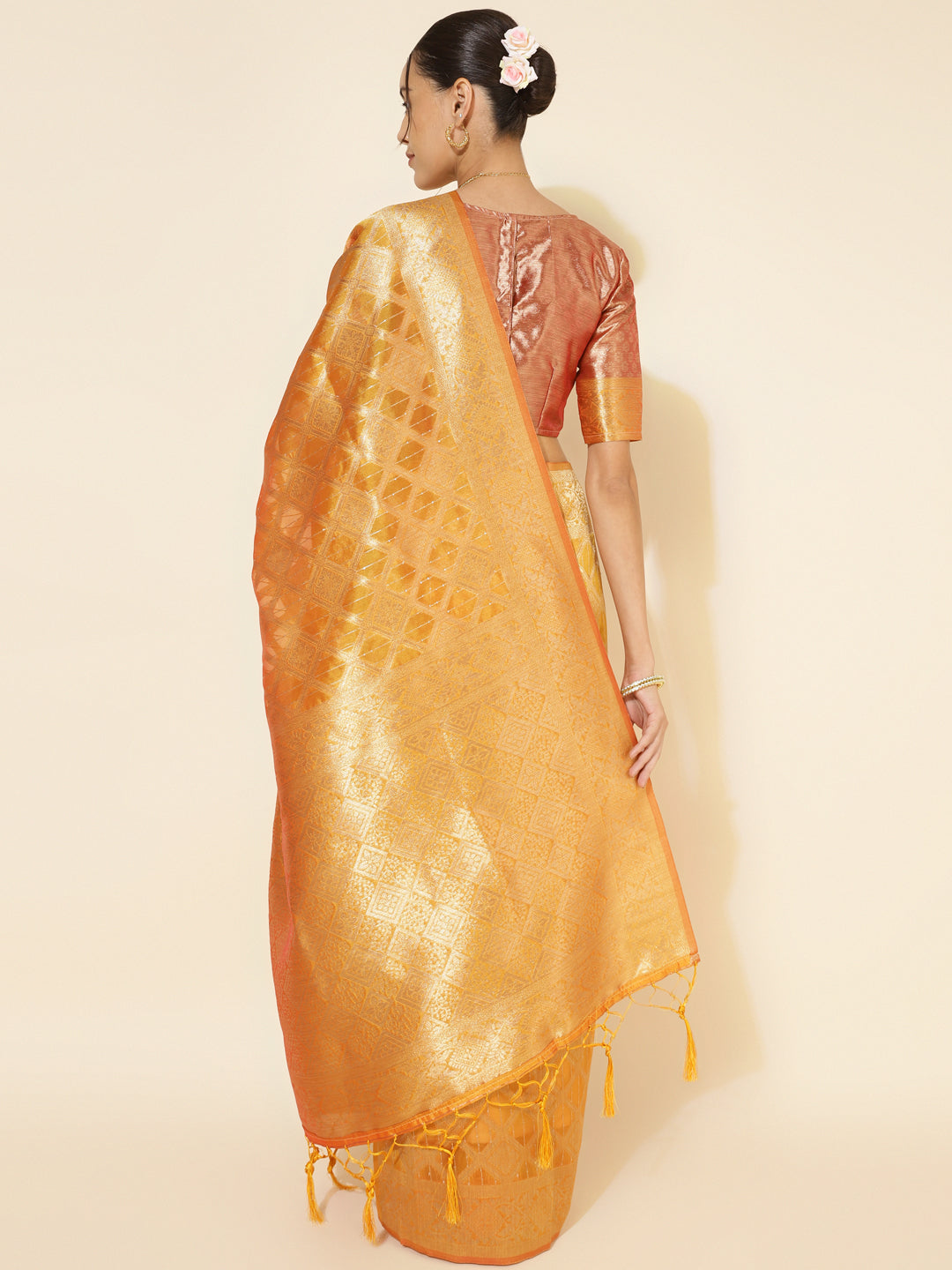 Janasya Yellow Organza Woven Ethnic Motifs Kanjeevaram Saree - Distacart