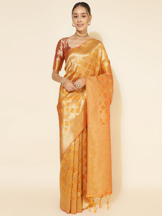 Janasya Yellow Organza Woven Ethnic Motifs Kanjeevaram Saree - Distacart