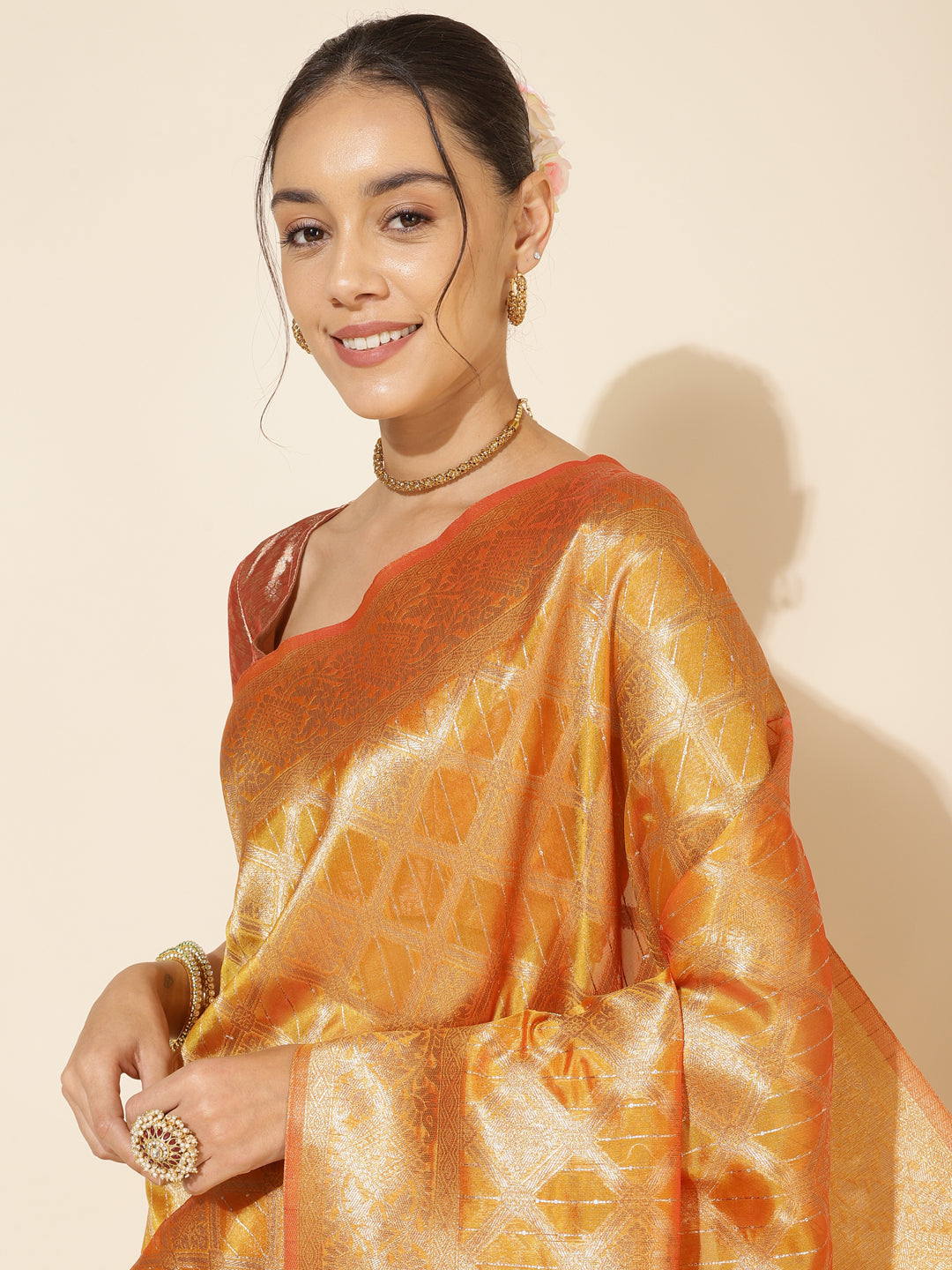 Janasya Yellow Organza Woven Ethnic Motifs Kanjeevaram Saree - Distacart