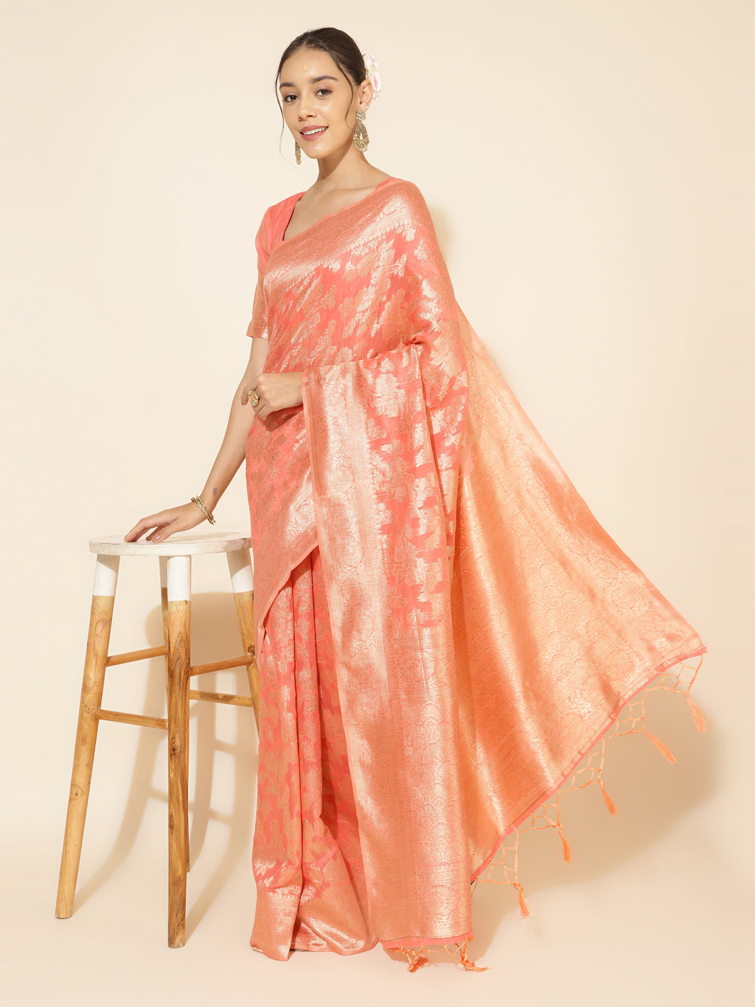 Janasya Peach Chanderi Silk Floral Woven Design Saree - Distacart