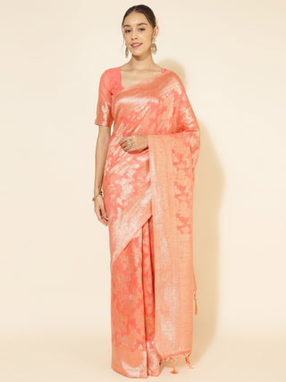 Janasya Peach Chanderi Silk Floral Woven Design Saree - Distacart