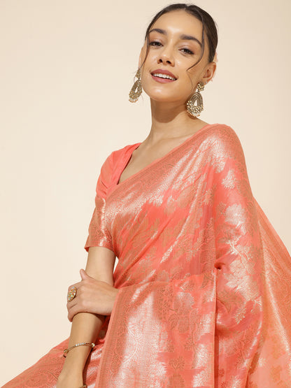 Janasya Peach Chanderi Silk Floral Woven Design Saree - Distacart