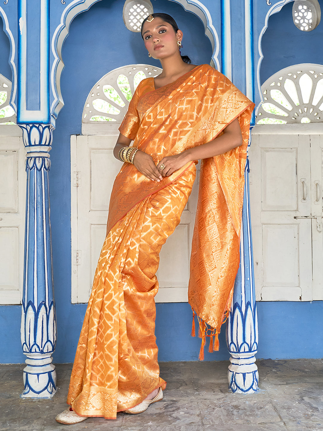 Janasya Yellow Chanderi Silk Woven Geometric Chanderi Silk Saree - Distacart