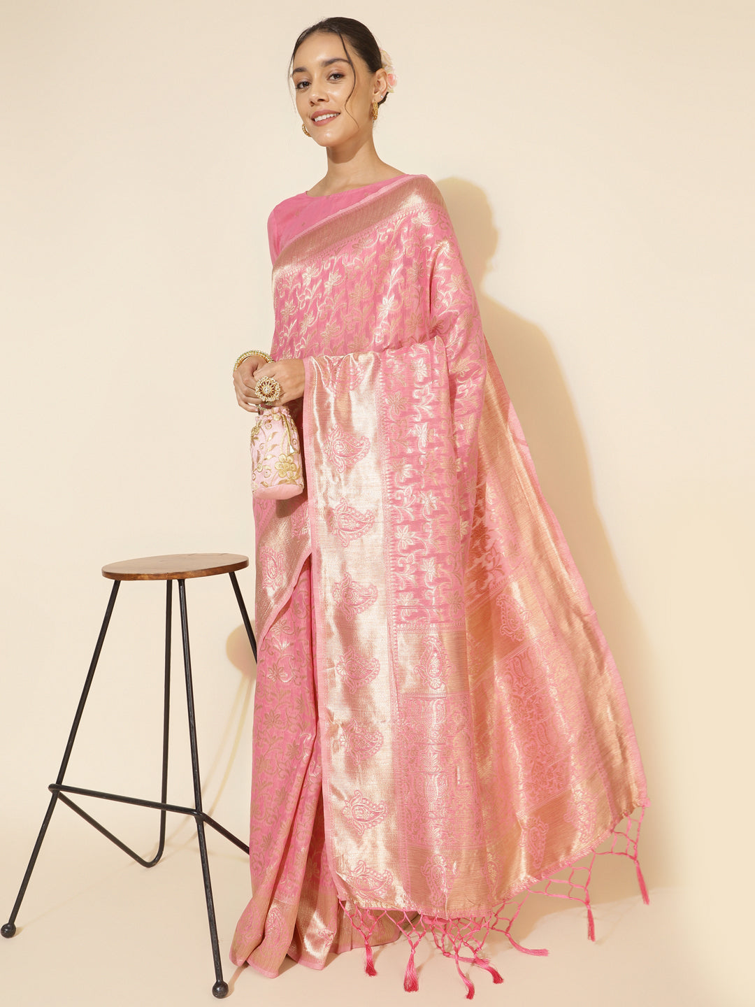 Janasya Light Pink Chanderi Silk Floral Woven Design Saree - Distacart