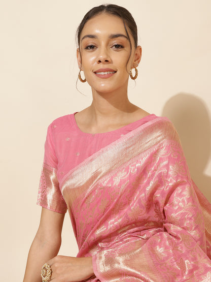 Janasya Light Pink Chanderi Silk Floral Woven Design Saree - Distacart