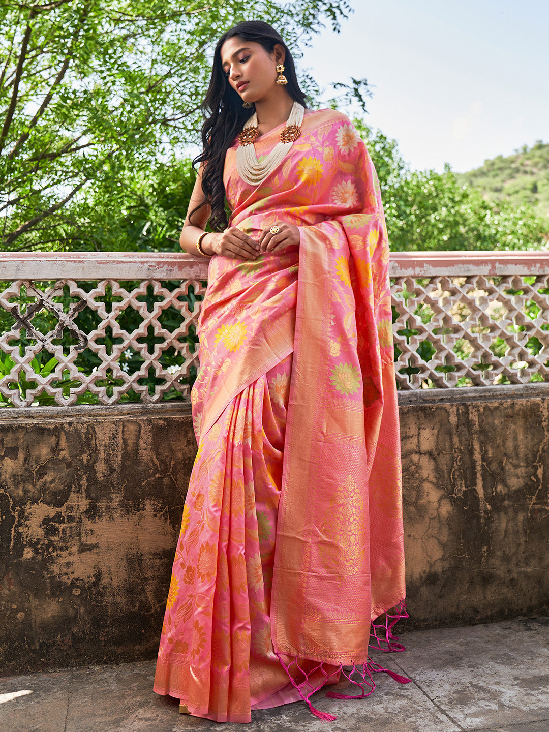 Janasya Light Pink Banarasi Silk Woven Floral Design Banarasi Saree - Distacart