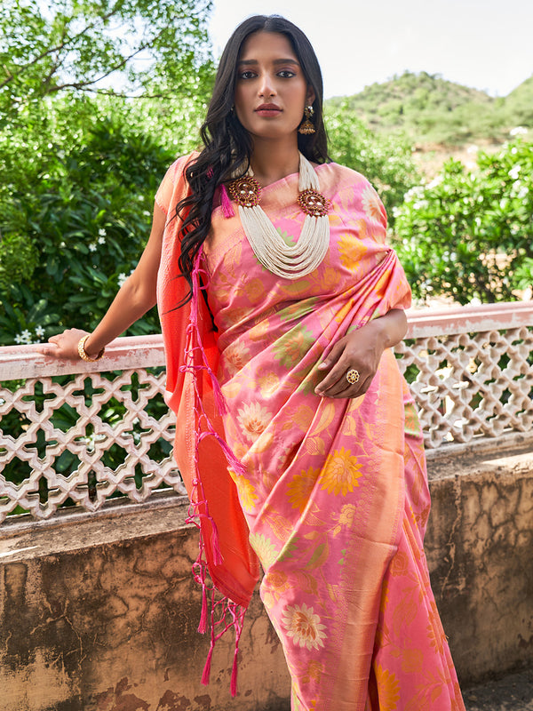Janasya Light Pink Banarasi Silk Woven Floral Design Banarasi Saree - Distacart
