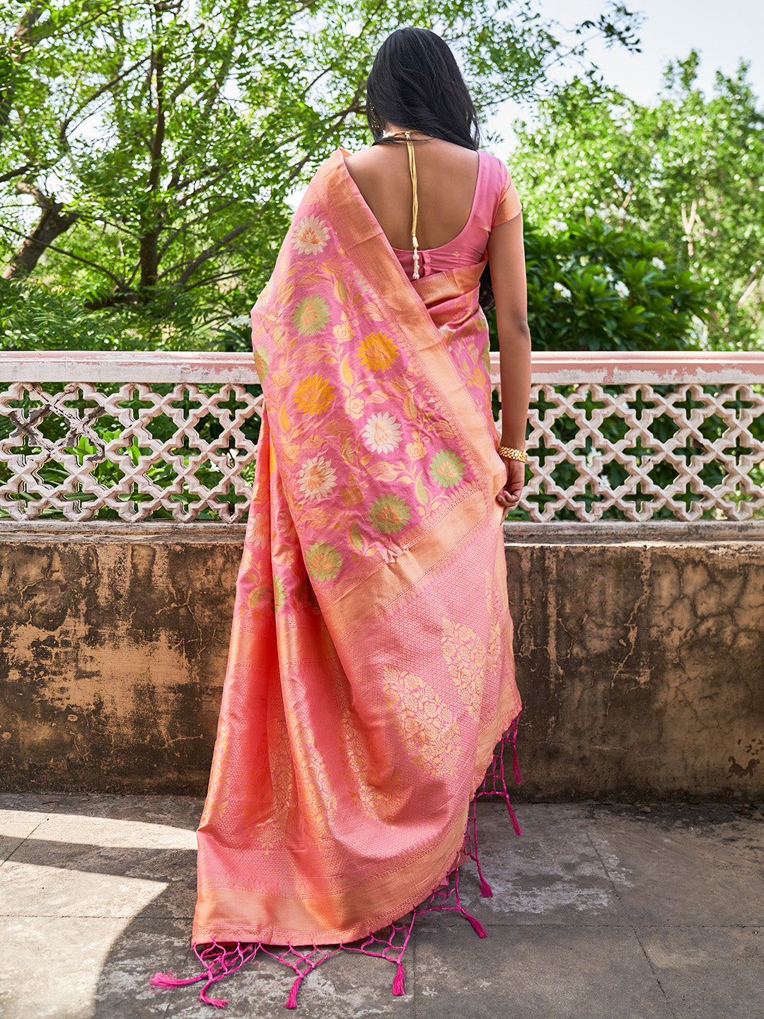 Janasya Light Pink Banarasi Silk Woven Floral Design Banarasi Saree - Distacart