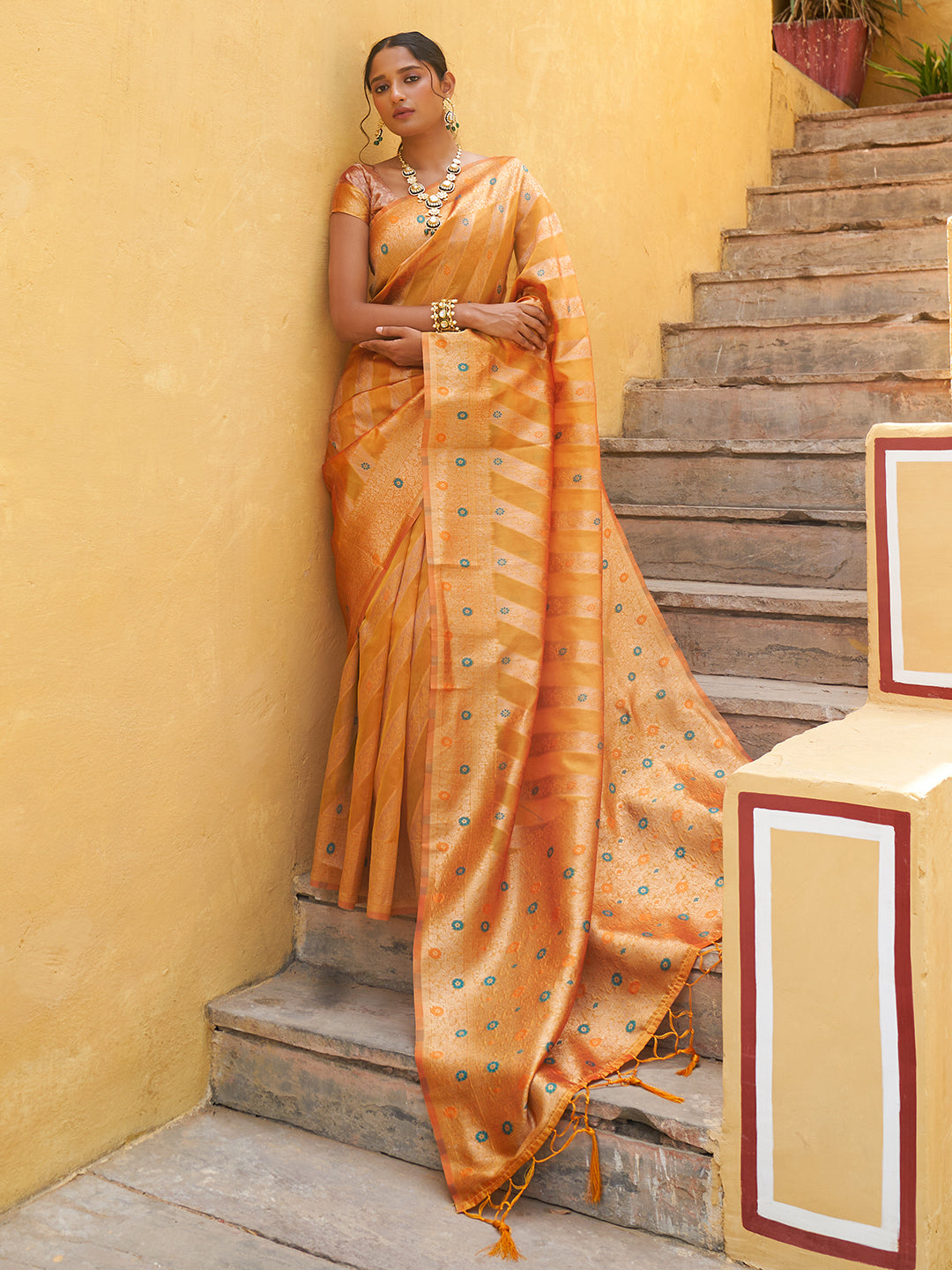 Janasya Yellow Organza Woven Leheriya Kanjeevaram Saree - Distacart