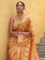 Thumbnail for Janasya Yellow Organza Woven Leheriya Kanjeevaram Saree - Distacart