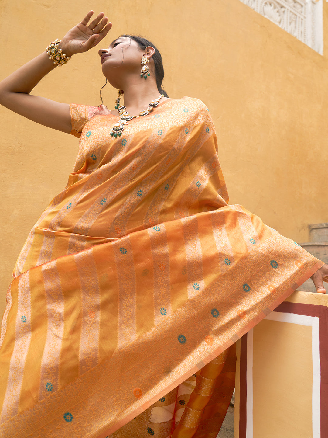 Janasya Yellow Organza Woven Leheriya Kanjeevaram Saree - Distacart