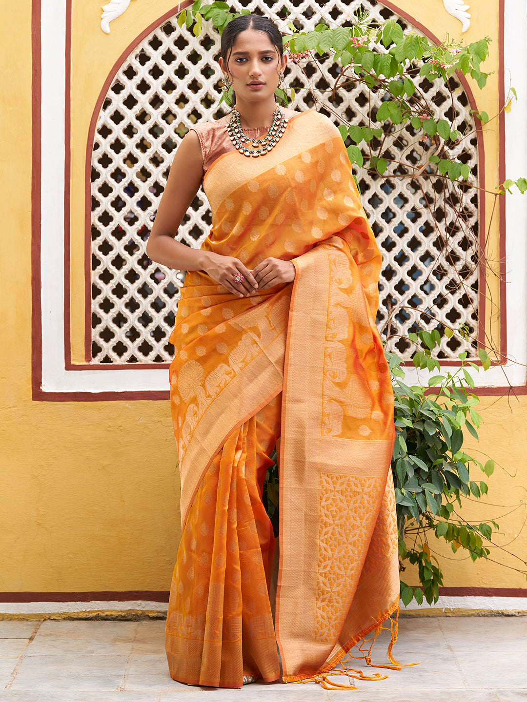 Janasya Yellow Organza Woven Dual Tone Ethnic Motif Design Kanjeevaram Saree - Distacart