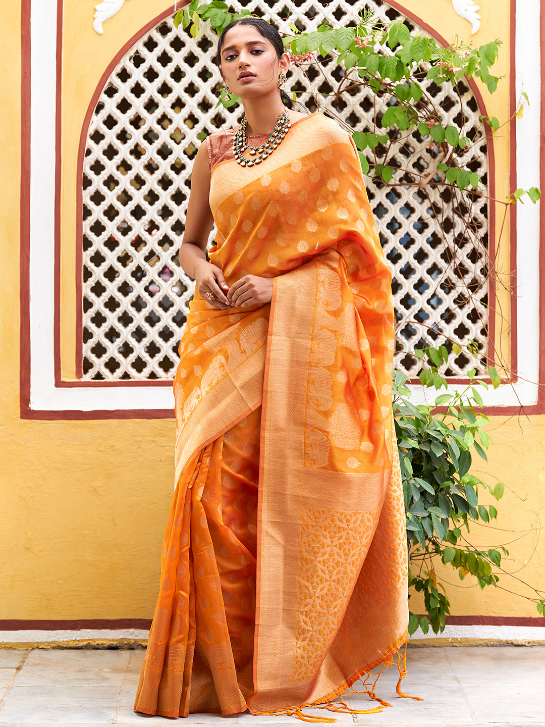 Janasya Yellow Organza Woven Dual Tone Ethnic Motif Design Kanjeevaram Saree - Distacart