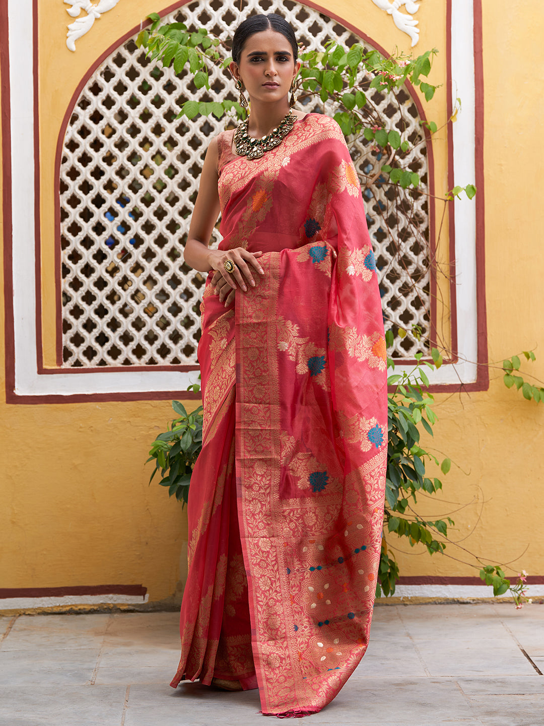 Janasya Pink Organza Woven Leheriya Kanjeevaram Saree - Distacart