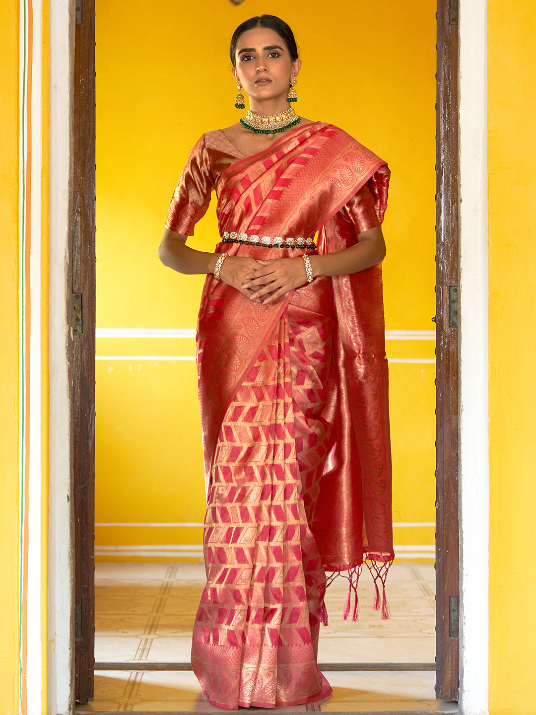 Janasya Pink Organza Woven Geometric Design Kanjeevaram Saree - Distacart