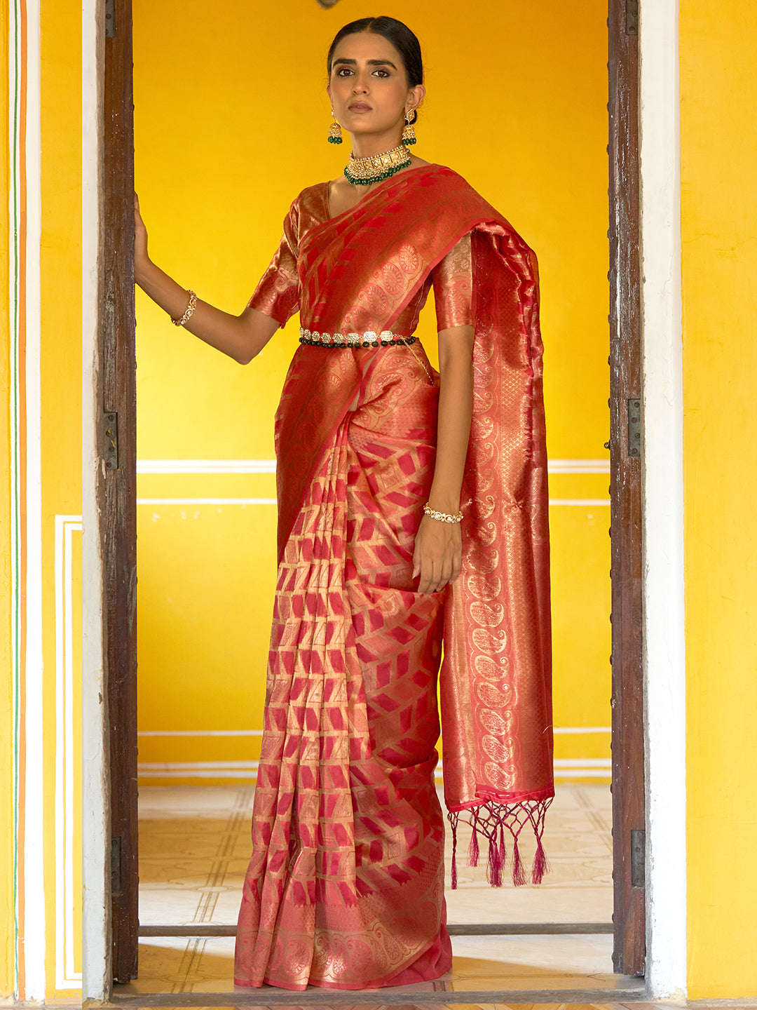 Janasya Pink Organza Woven Geometric Design Kanjeevaram Saree - Distacart