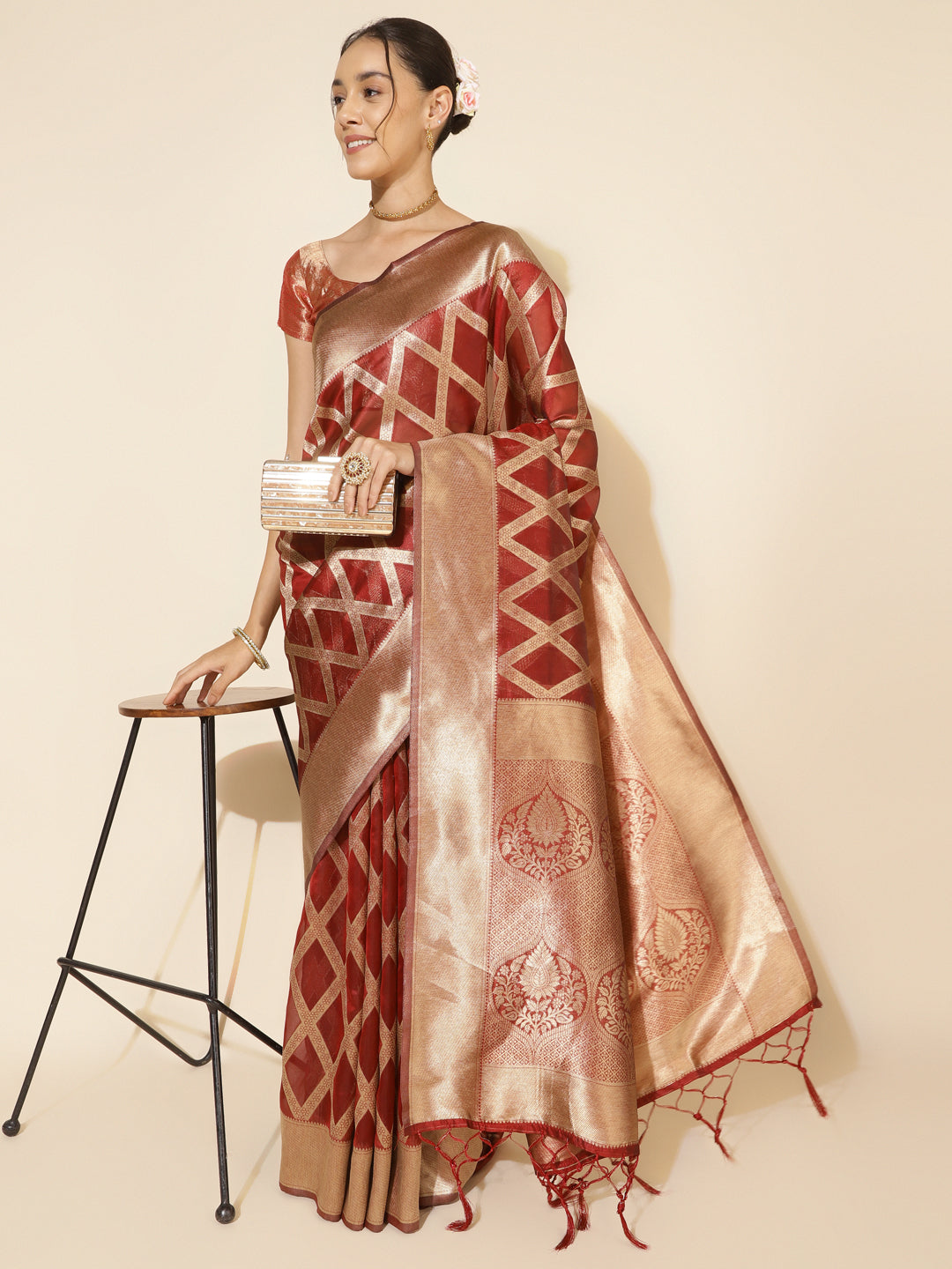 Janasya Maroon Organza Floral Saree - Distacart