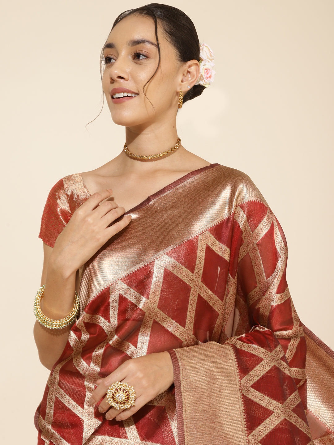 Janasya Maroon Organza Floral Saree - Distacart