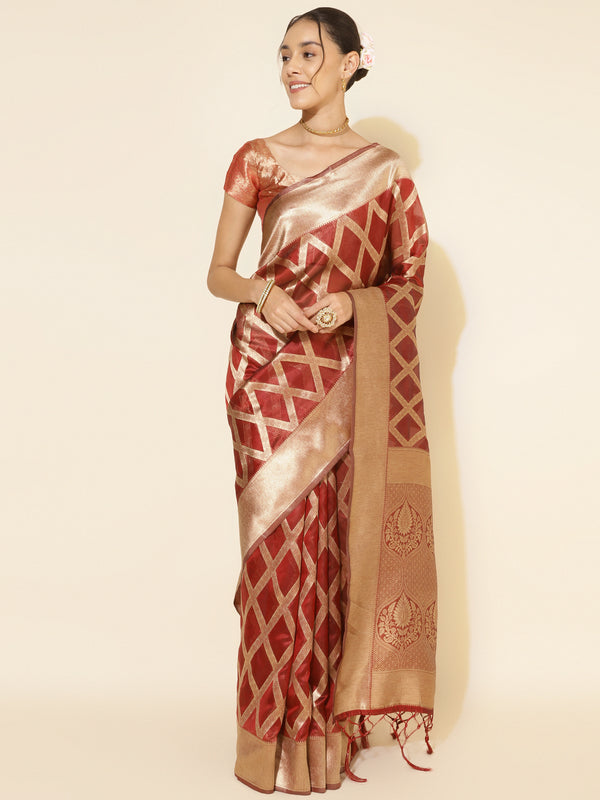 Janasya Maroon Organza Floral Saree - Distacart
