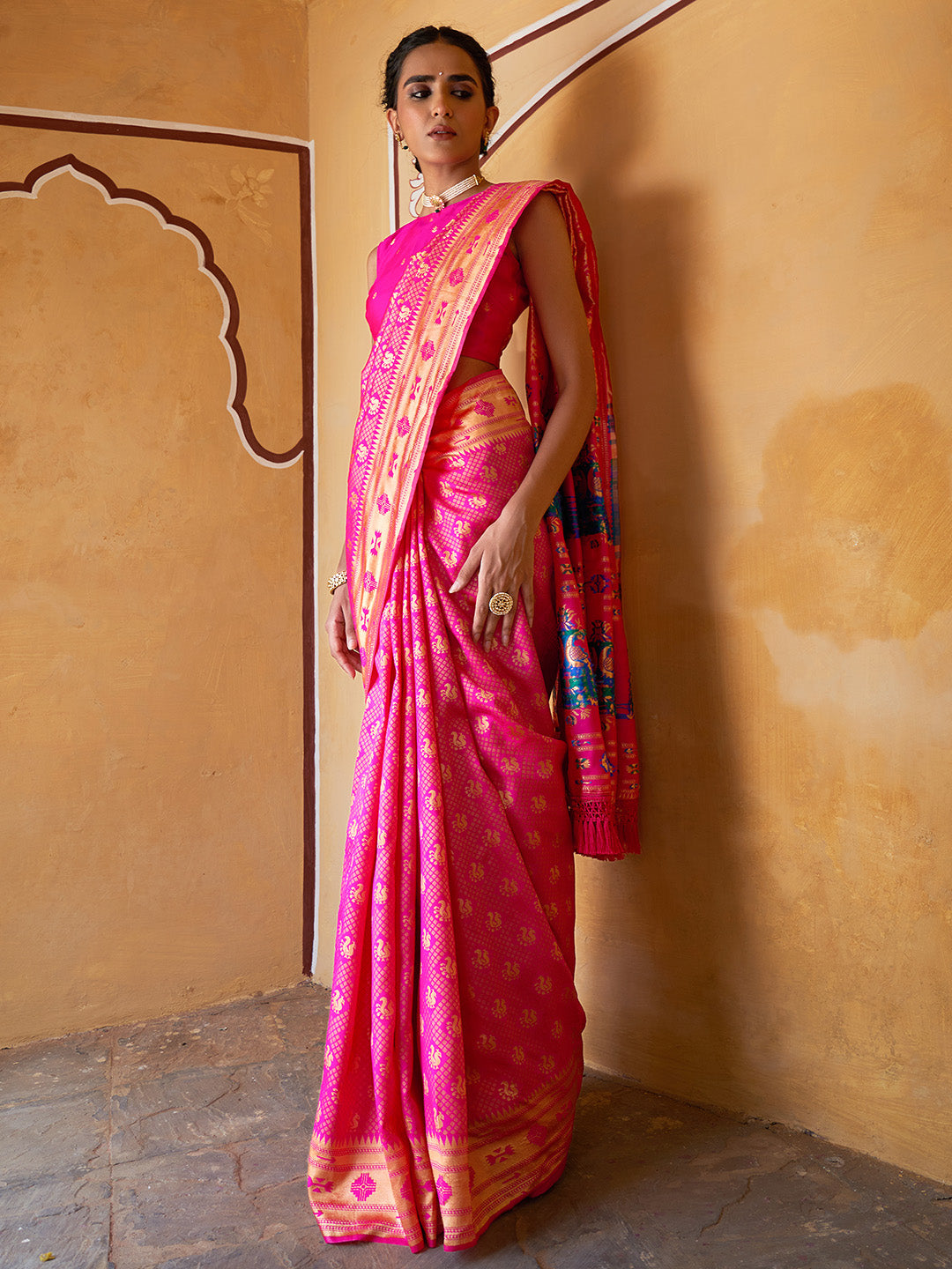 Janasya Fushia Pink Paithani Silk Woven Ethnic Motifs Paithani Silk Saree - Distacart