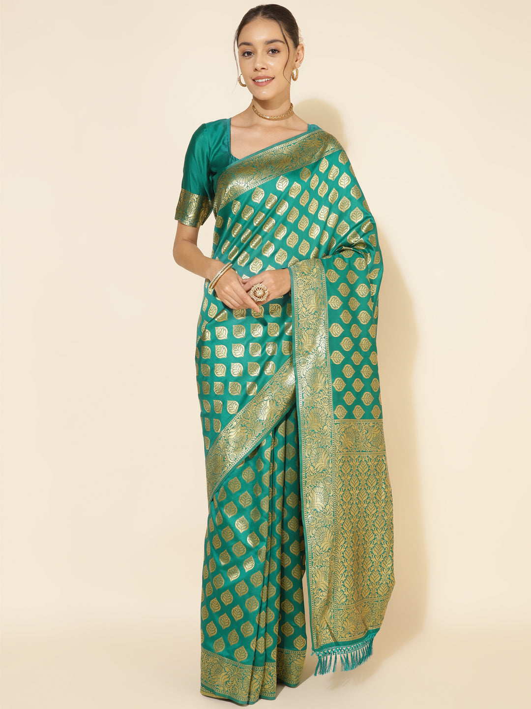 Janasya Rama Green Banarasi Silk Ethnic Motifs Woven Design Saree - Distacart