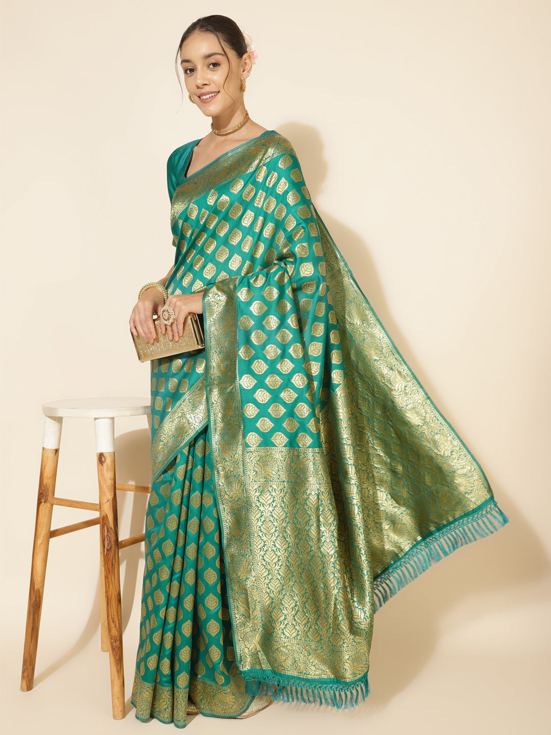 Janasya Rama Green Banarasi Silk Ethnic Motifs Woven Design Saree - Distacart