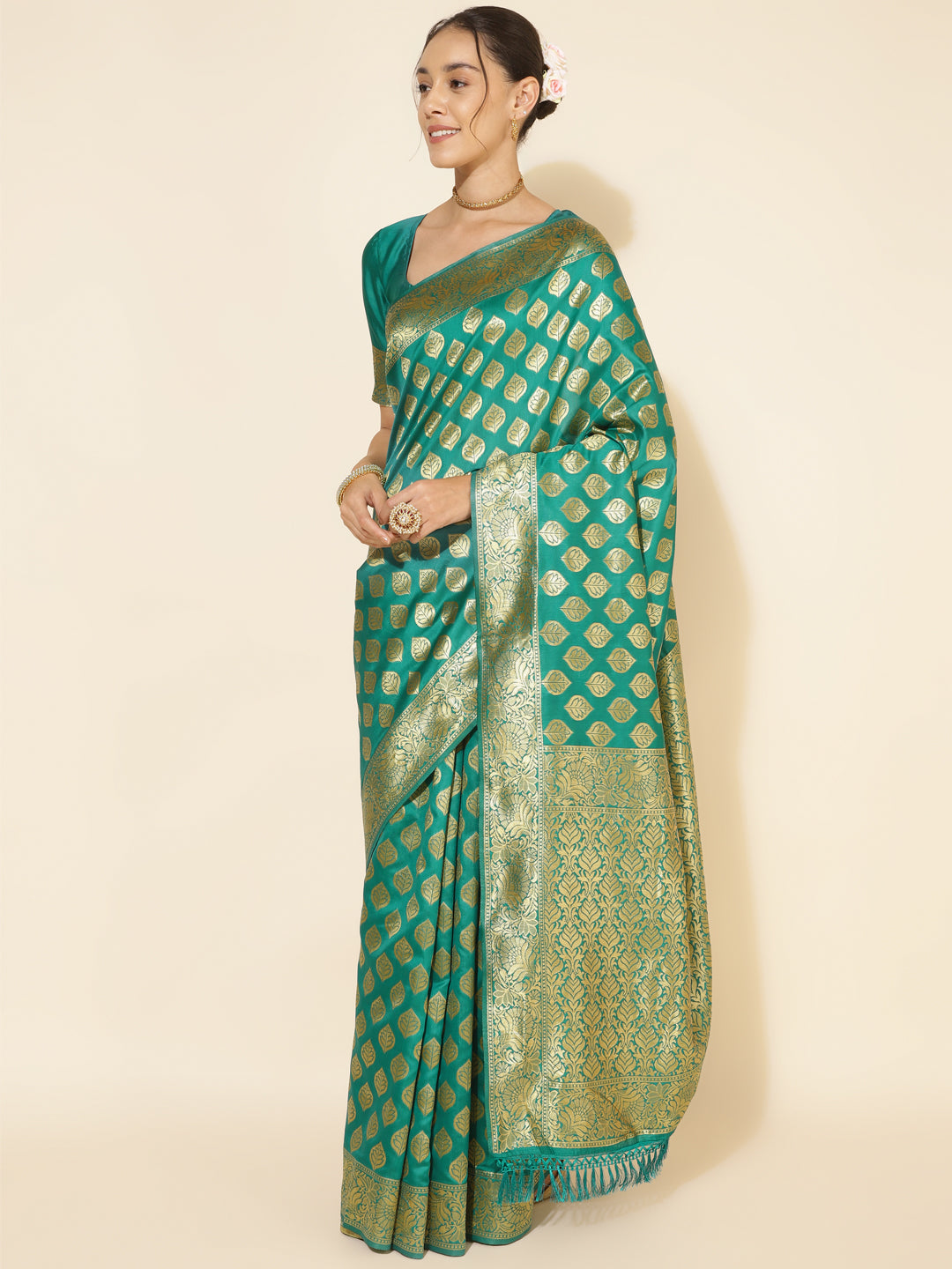 Janasya Rama Green Banarasi Silk Ethnic Motifs Woven Design Saree - Distacart