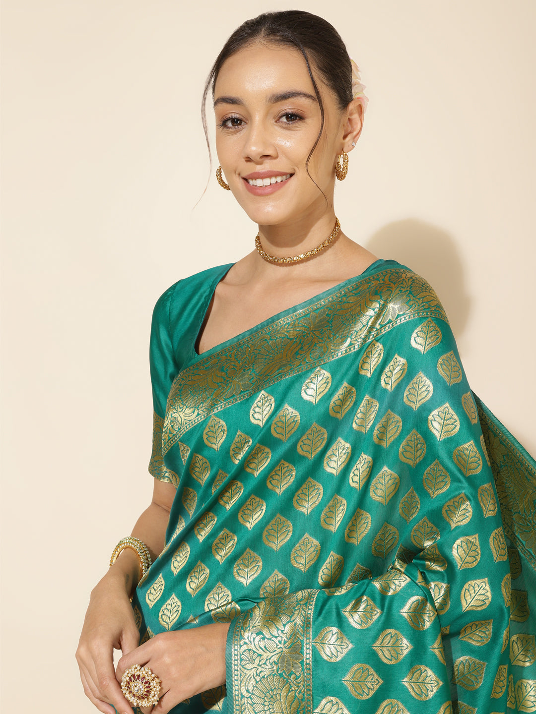Janasya Rama Green Banarasi Silk Ethnic Motifs Woven Design Saree - Distacart