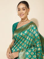 Thumbnail for Janasya Rama Green Banarasi Silk Ethnic Motifs Woven Design Saree - Distacart